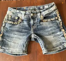 Miss me denim mid shorts with embroidered floral designs & rhinestones size 26