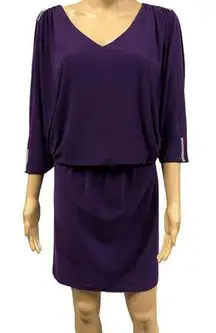 MSK Purple Plum Rhinestone Split Bat Sleeve Stretch Waist Mini Dress Womens 10