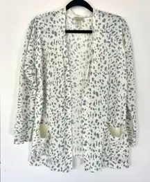 Cotton Emporium Ivory Blue Leopard‎ Print Open Front Cardigan Sweater Women's LL