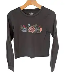Hollister Long Sleeve T Shirt Womens Size XS Gray Embroidered Floral Crew Neck