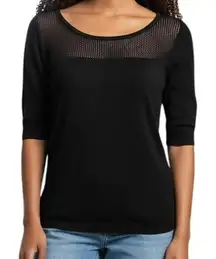 EXPRESS Black Mesh Neck 3/4 Sleeve Knit Sweater Top Size Small