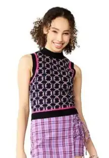 SO  Retro Sweater Vest Preppy Black Fuchsia Crop High Neck Vest Junior Medium NEW