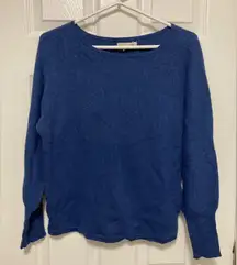 Akini Royal Blue Crew Neck Ribbed Knit Merino Wool Blend Bishop Sleeve Sweater
