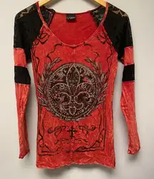 Vintage Grunge Whimsygoth Punk Women S Y2K Lace Long Sleeve Fleur de Lis Graphic