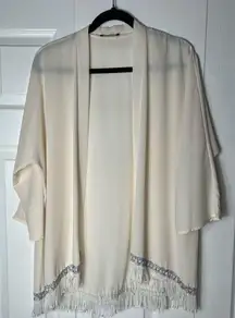 Jella Couture Beige Semi Sheer Fridge Trim Open Kimono Cardigan Size Large