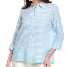 Foxcroft Harley Linen Blue White Striped 3/4 Sleeve Button Down Shirt Size 16W