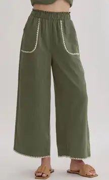 Entro Large Olive Green High Waist Scallop Trim Embroidered Wide Leg Pants NWT