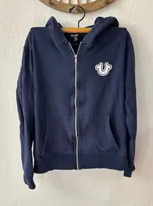 True Religion Buddha Navy Blue White Zip Hoodie Jacket Size Large