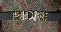 Leopard Print Brown Poly Brass Buckle Leopard Print Belt with Silver Accents