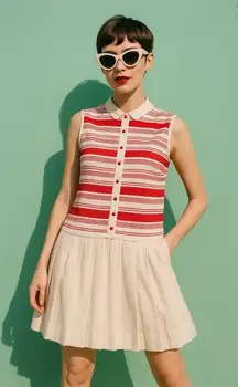 Vintage 60s‎ Melvire of Miami Red White Striped Mod Sleeveless Pleated Dress