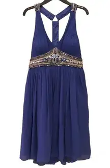 Adrianna Papel Silk Rhinestone Jewel V Neck Racerback Dress Blue 6