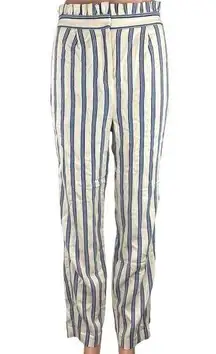 Express Blue White Stripe Ruffle High Rise Straight Leg Paperbag Trouser Pants 2