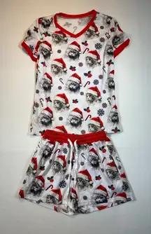 Womens Christmas Pajama Set Cat Santa Holiday Sleepwear Lounge Red White