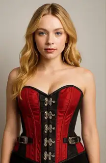 Red & Black Satin Corset, Steel Boned, Size 34