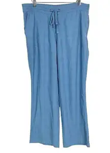 Per Se Linen Blend Drawstring Elastic Waist Wide Leg Pants Blue Size L Resort