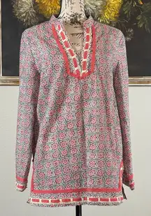 Saint Tropez West Medium Ivory Blue Pink Tunic Cotton Blouse Beach