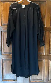 Vintage Natori Silky Satin Maxi Night Gown Size Small Black Sheer Lace Slevves