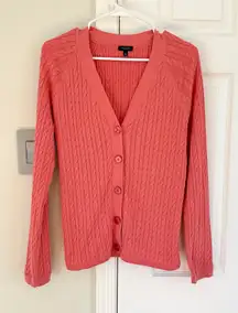 Talbots Cardigan Cable Knit V Neck Sweater Women’s L Button Front Pink Cotton