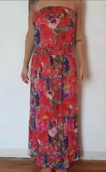 Floral Strapless Red and Multicolored Maxi Dress