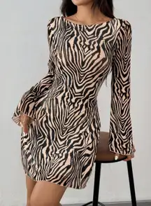 Zebra Print Mesh Open Back Y2K Retro Mini Dress Women Large Brown Sexy Old Money