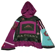 Handmade Madonna Knit Crochet Hooded Sweater Multicolor Bell Sleeve OSFM