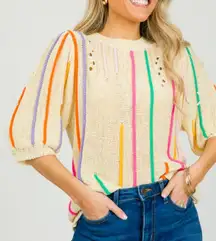 THML Cream Knit Sweater –Rainbow Stripe Textured Trim Small