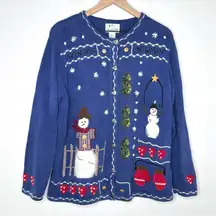 Vtg 90s Quacker Factory Cardigan Snowman Winter Holiday Granny Knit Sweater L