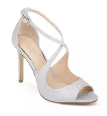 JEWEL BADGLEY JONNA MISCHKA WHITE SHIMMER SPARKLE ANKLE CRISSCROSS HEEL PEEP TOE