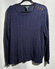 Lauren Ralph Lauren Navy Blue Cable Knit Sweater Gold Button Womens 1X Preppy RL