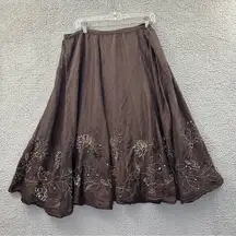 Chico's 100% Silk Brown Midi Flare Skirt Embroidered Embellished Boho Art 3 XL