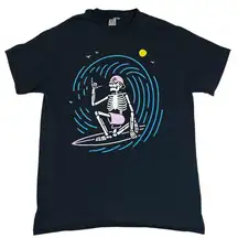 Gildan Black Skeleton Surfer Graphic T-Shirt | Size M | Cowabunga Wave Rider Tee