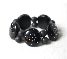 Vintage Cottagecore Black Acylic Dotted Circles/Lava Beads 7.5" Stretch Bracelet