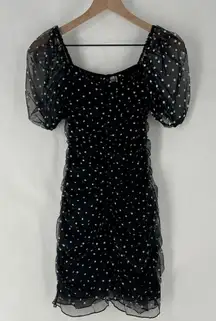H&M Black & White Polka Dot Mesh Puff Sleeve Ruffle‎ Trim Ruched Mini Dress XXS