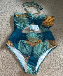 Cupshe One Piece Swimsuit - Blue and Orange Leaf Print size medium swim wear NWT