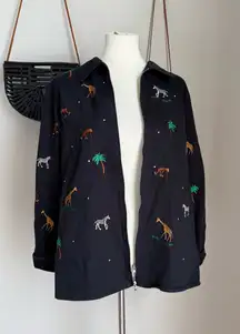 The Quaker Factory Black Zoo Embroidered Zebra Giraffe Zip Jacket Shirt