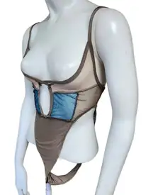 Pretty Little Things Brown & Blue Mesh Panel Detail Bodysuit (2)