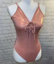 LA Hearts Metallic Pink Lace Front Bodysuit