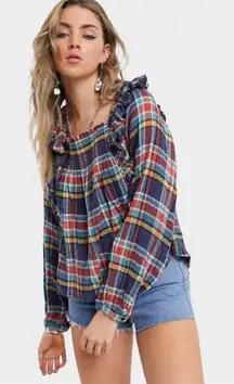We the Free Sienna Plaid Tie-Back Bubble Sleeve Top XS