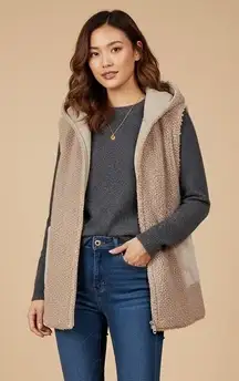 Louis Castel Teddy Sherpa Fleece Reversible Faux leather Vest Hooded‎ Pockets