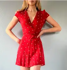 Reformation Raquel Wrap Dress Mini Red White Polka Dot Size Large Cap Sleeves