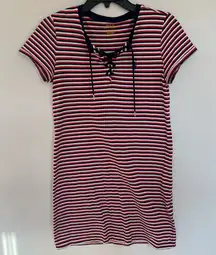 Polo Ralph Lauren Mini Shirt Dress Red Navy‎ Stripe Tie Neck Preppy Size Small
