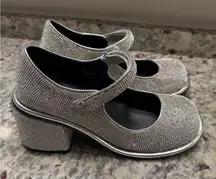 Sugar Thrillz Dolls Kill Y2K Rhinestone Silver Mary Jane Block Heels Sandals