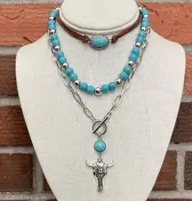 Floral Steer Skull and Faux Turquoise Choker Necklace Set