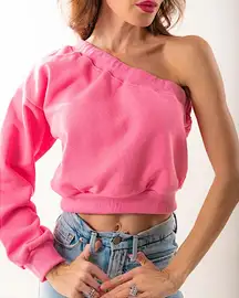 NWOT Ta Dah Boutique One Shoulder Pink Crop Sweatshirt size Small