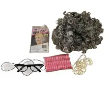 NWOT Granny Halloween Costume Accessories Wig & Cap Glasses Faux Pearls Curlers