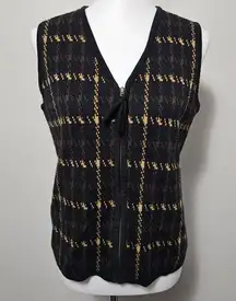 Vintage Crystal Kobe Black & Tan Houndstooth Zip Vneck Sweater Vest Size Small