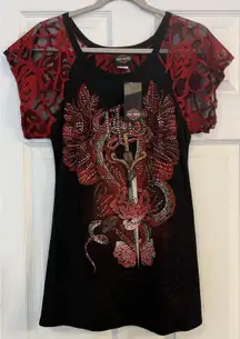 Harley Davidson NWT T-Shirt MED Black/Red Sequins Sword Rose Spider Web Witchy