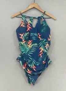 Cupshe  Swimsuit Womens Large Blue Tropical Floral One Piece Halter Tie Back