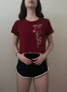 rose embroidered shirt crop top maroon 