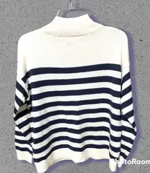 Loft navy blue and white striped button shoulder sweater